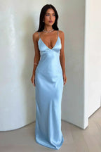Women's Satin Maxi Dress with V-Neck and Slim Straps - 4