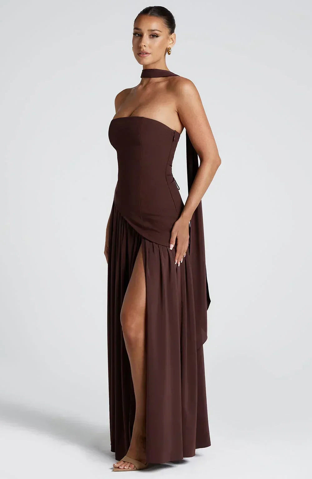 Women's Corset Bustier Maxi Dress with Scarf Detail and High Split - 7