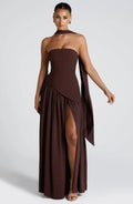 Women's Corset Bustier Maxi Dress with Scarf Detail and High Split - Brown