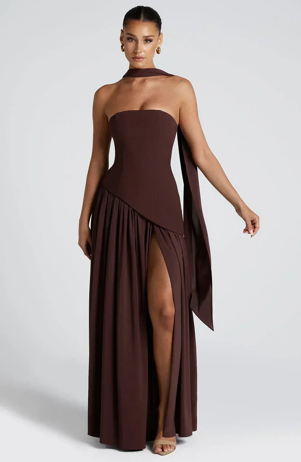 Women's Corset Bustier Maxi Dress with Scarf Detail and High Split - Brown