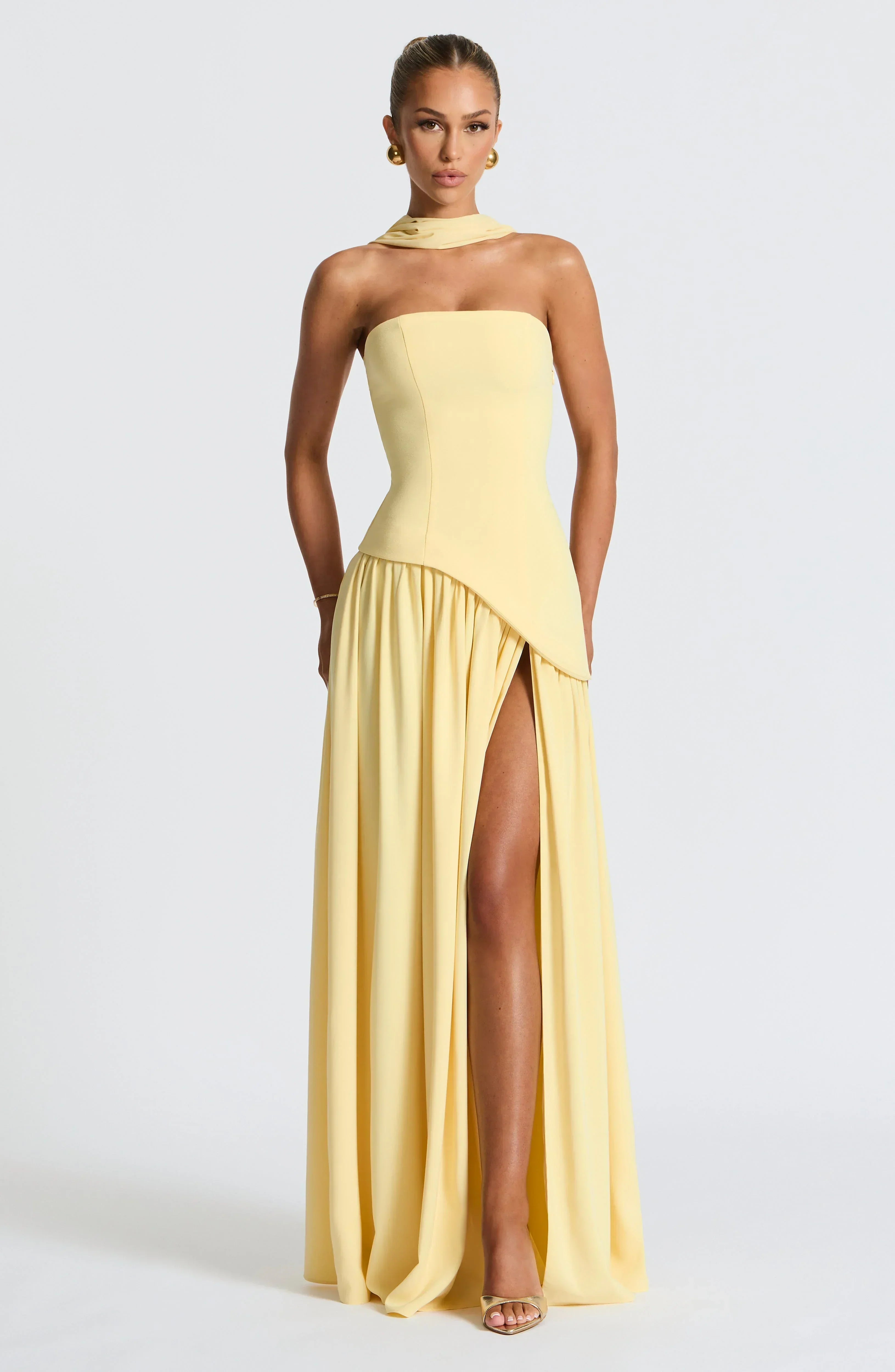 Women's Corset Bustier Maxi Dress with Scarf Detail and High Split - Lemon Yellow