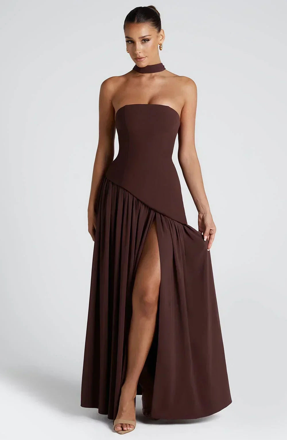 Women's Corset Bustier Maxi Dress with Scarf Detail and High Split - 8