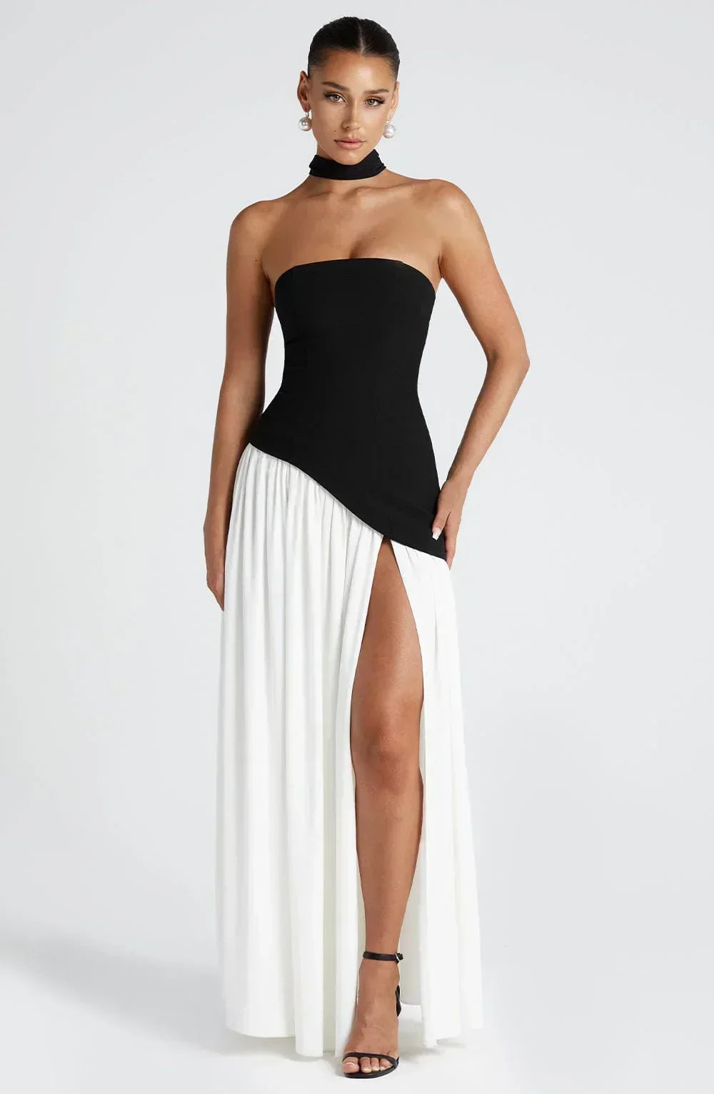 Women's Corset Bustier Maxi Dress with Scarf Detail and High Split - Black
