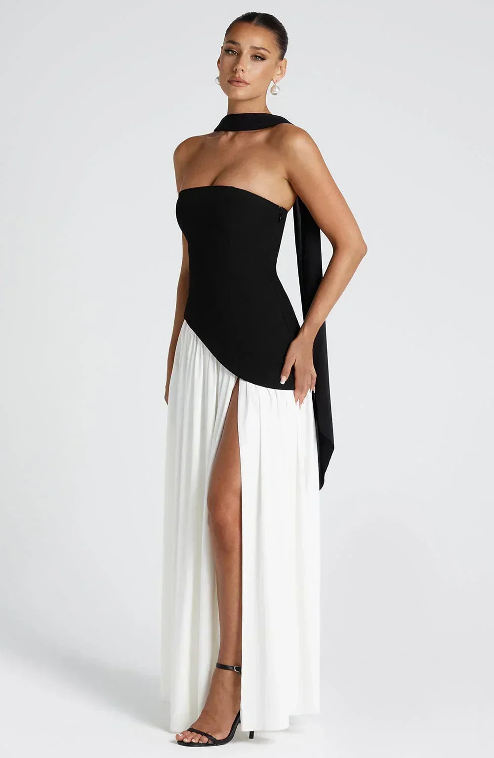 Women's Corset Bustier Maxi Dress with Scarf Detail and High Split - 15
