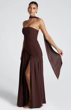 Women's Corset Bustier Maxi Dress with Scarf Detail and High Split - 3