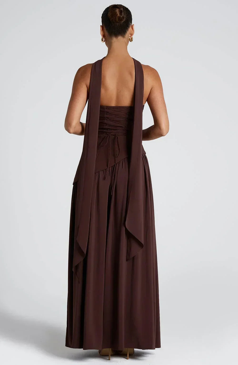 Women's Corset Bustier Maxi Dress with Scarf Detail and High Split - 4