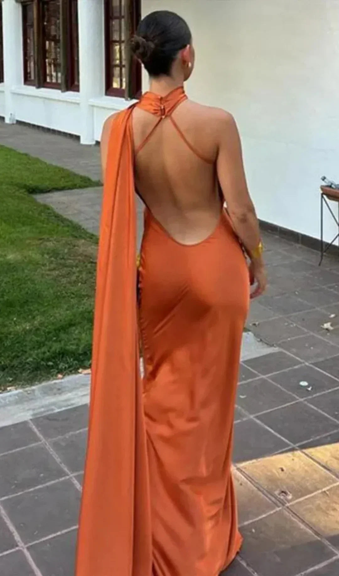 Women's Draped One-Shoulder Maxi Dress with Flowing Train - 9