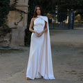 Women's Draped One-Shoulder Maxi Dress with Flowing Train - White