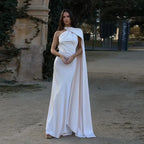 Women's Draped One-Shoulder Maxi Dress with Flowing Train - White