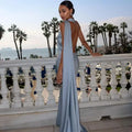 Women's Draped One-Shoulder Maxi Dress with Flowing Train - Blue