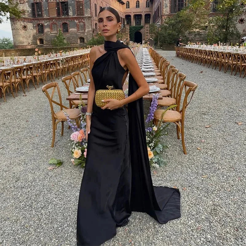 Women's Draped One-Shoulder Maxi Dress with Flowing Train - Black