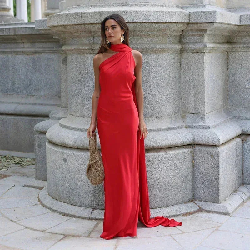 Women's Draped One-Shoulder Maxi Dress with Flowing Train - Blush