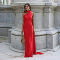 Women's Draped One-Shoulder Maxi Dress with Flowing Train - Blush