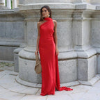 Women's Draped One-Shoulder Maxi Dress with Flowing Train - Blush