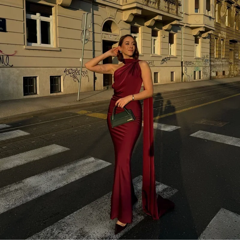 Women's Draped One-Shoulder Maxi Dress with Flowing Train - Wine Red