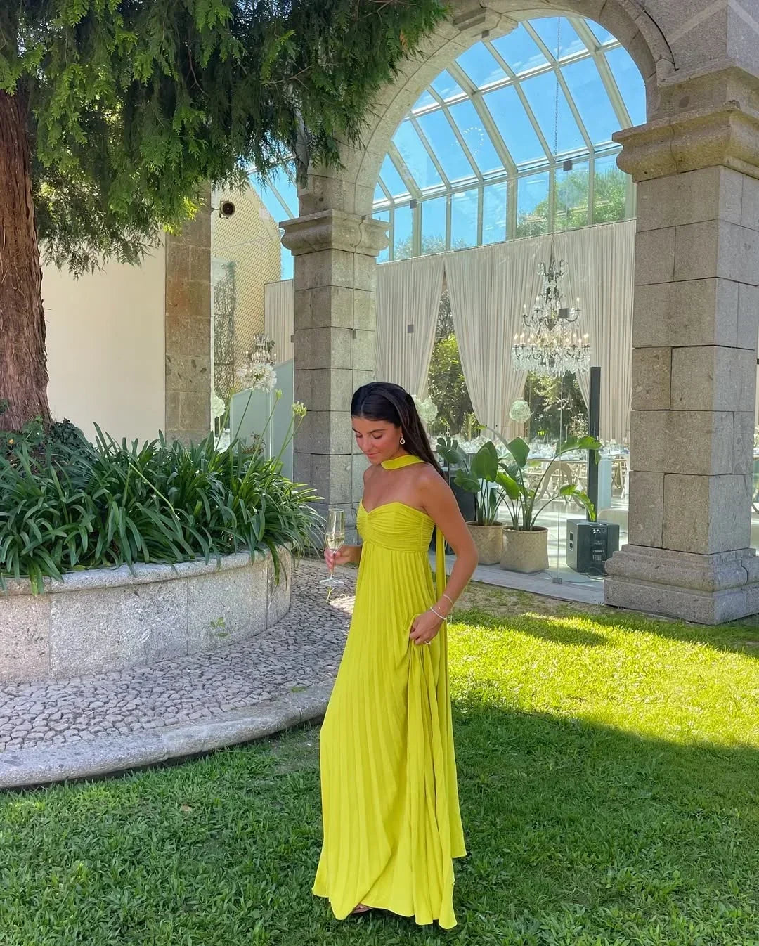 Women's Halter Pleated Maxi Dress with A-Line Silhouette - Yellow