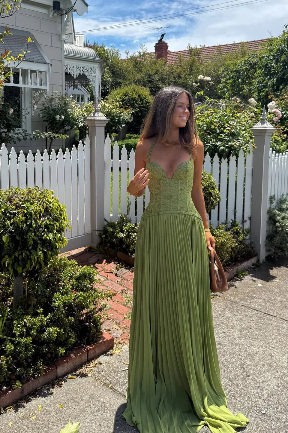 Women's Corset Maxi Dress Pleated with Sweetheart Neckline and A-Line Skirt - 3