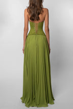 Women's Corset Maxi Dress Pleated with Sweetheart Neckline and A-Line Skirt - 7