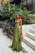 Women's Corset Maxi Dress Pleated with Sweetheart Neckline and A-Line Skirt - Green