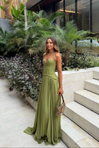 Women's Corset Maxi Dress Pleated with Sweetheart Neckline and A-Line Skirt - Green