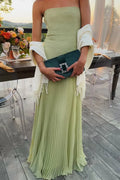 Women's Strapless Pleated Maxi Dress with A-Line Silhouette - Green
