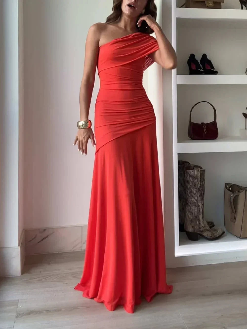 Women's Asymmetric Maxi Dress with Ruched One-Shoulder Design - Pink