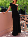 Women's Asymmetric Maxi Dress with Ruched One-Shoulder Design - Black