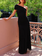 Women's Asymmetric Maxi Dress with Ruched One-Shoulder Design - Black