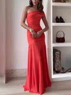 Women's Asymmetric Maxi Dress with Ruched One-Shoulder Design - 3