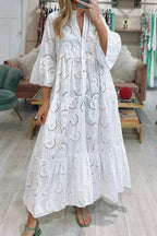 Women's Lace Maxi Dress with Three-Quarter Sleeves and V-Neck - White