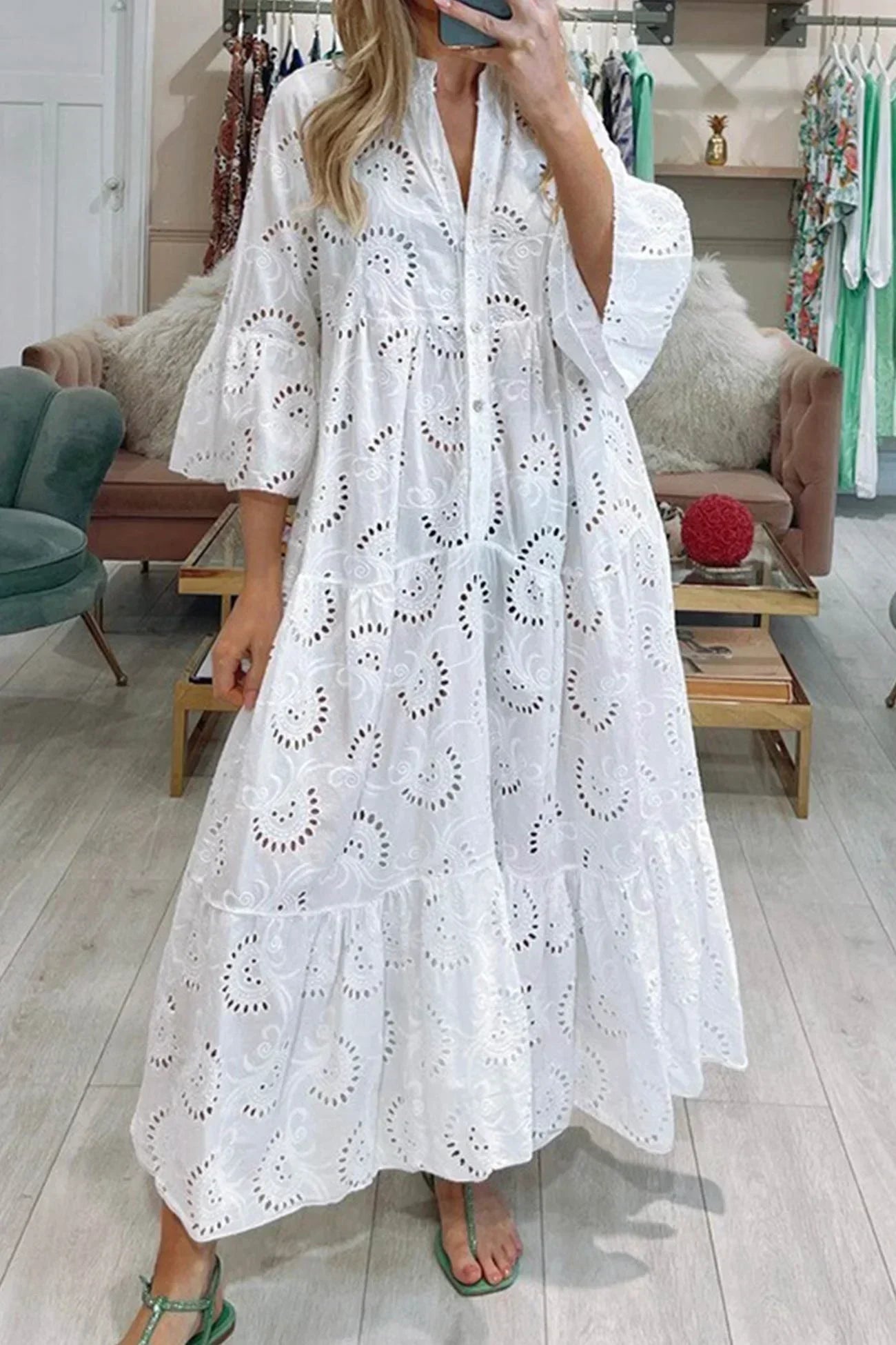 Women's Lace Maxi Dress with Three-Quarter Sleeves and V-Neck - White
