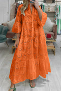 Women's Lace Maxi Dress with Three-Quarter Sleeves and V-Neck - Orange