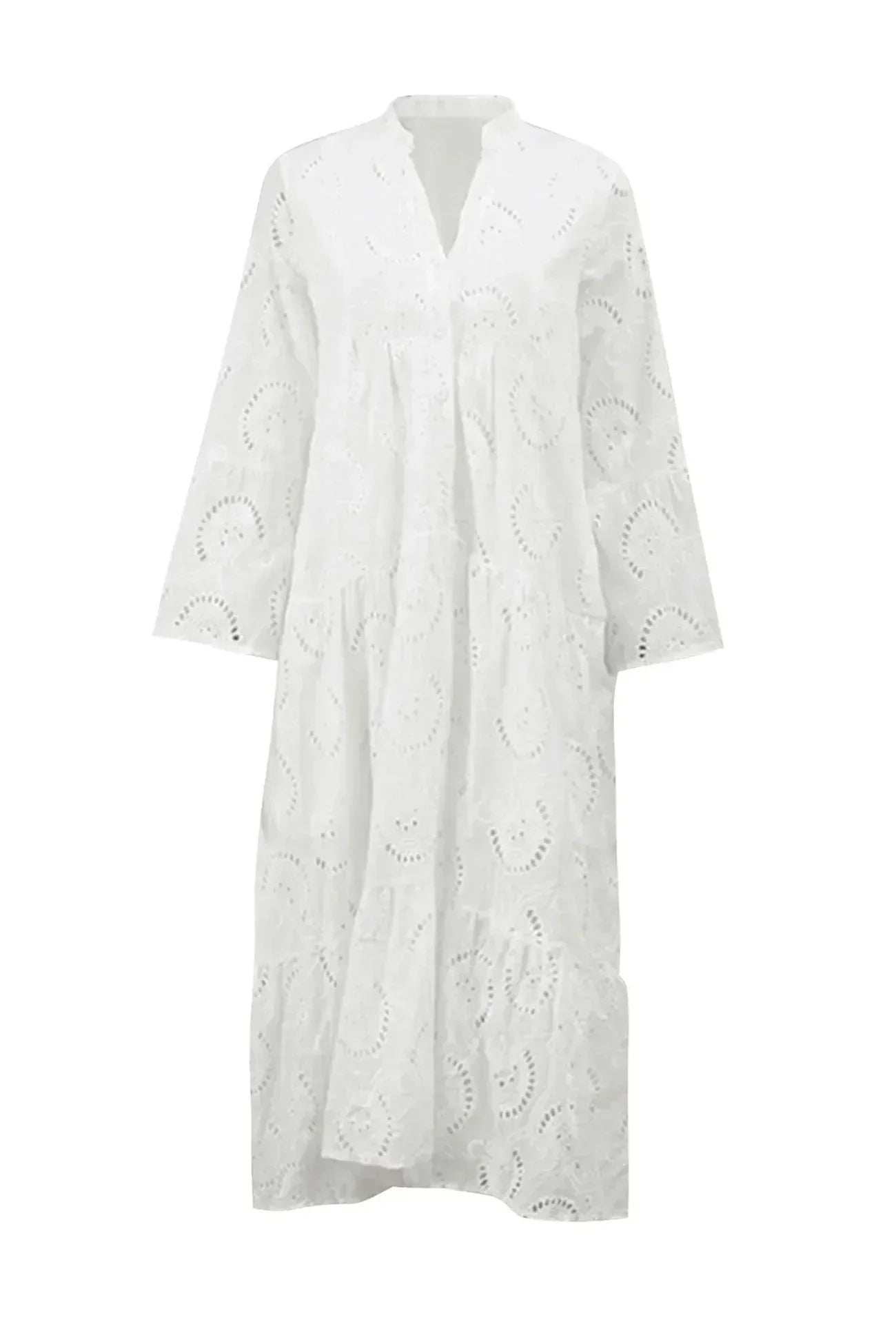 Women's Lace Maxi Dress with Three-Quarter Sleeves and V-Neck - 10