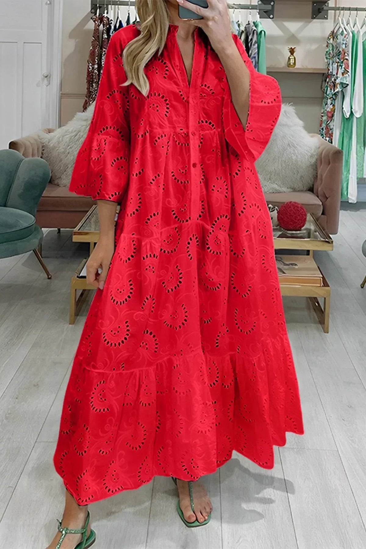 Women's Lace Maxi Dress with Three-Quarter Sleeves and V-Neck - Red