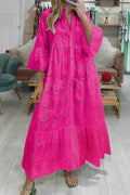 Women's Lace Maxi Dress with Three-Quarter Sleeves and V-Neck - Pink