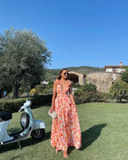 Women's Sleeveless Floral Maxi Dress with V-Neck and Cutout Waist - 4