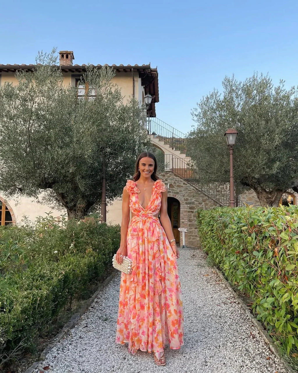 Women's Sleeveless Floral Maxi Dress with V-Neck and Cutout Waist - Orange