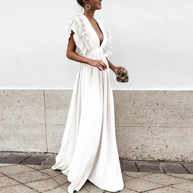 Women's Maxi Dress with Ruffled Sleeves and Plunging V-Neck - White