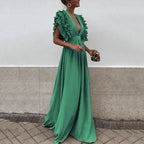 Women's Maxi Dress with Ruffled Sleeves and Plunging V-Neck - Green