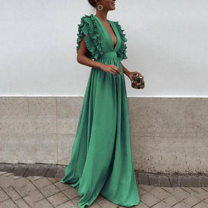 Women's Maxi Dress with Ruffled Sleeves and Plunging V-Neck - Green