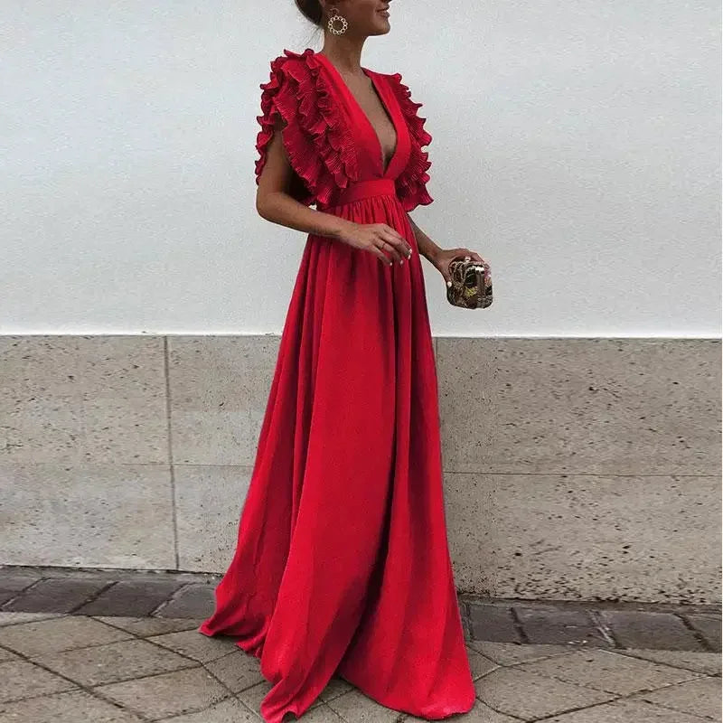 Women's Maxi Dress with Ruffled Sleeves and Plunging V-Neck - Red