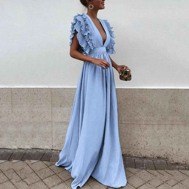 Women's Maxi Dress with Ruffled Sleeves and Plunging V-Neck - Blue