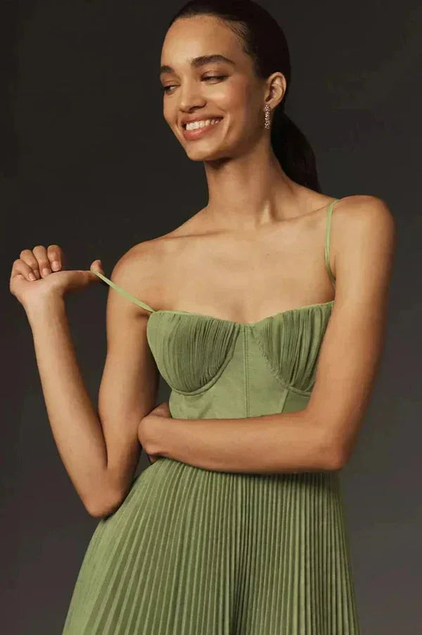 Women's Pleated Midi Dress Sleeveless with Bustier Bodice and A-Line Skirt - 3