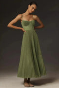 Women's Pleated Midi Dress Sleeveless with Bustier Bodice and A-Line Skirt - Green