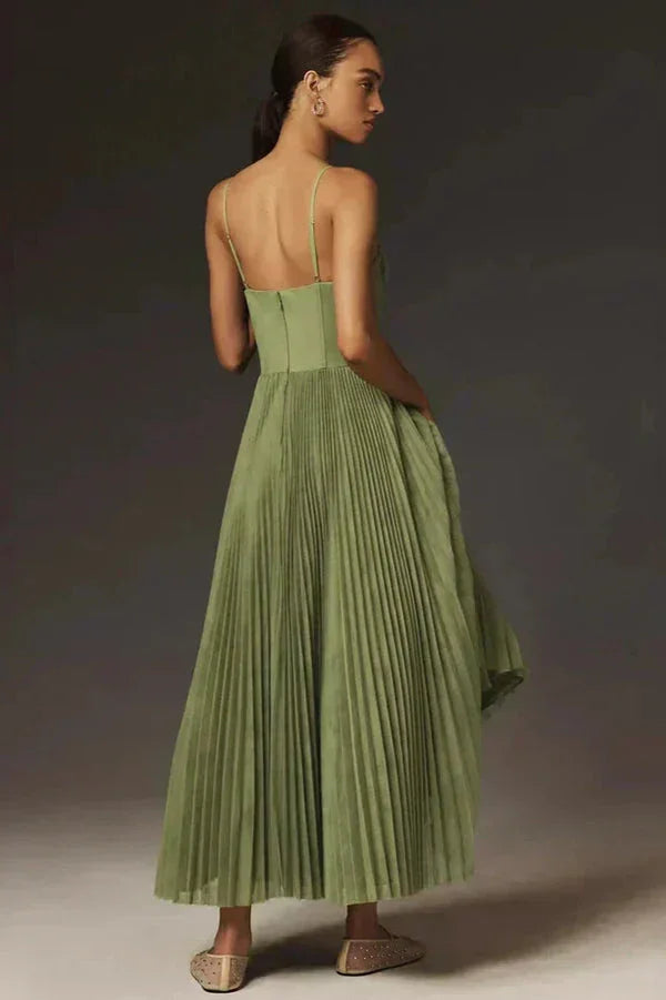 Women's Pleated Midi Dress Sleeveless with Bustier Bodice and A-Line Skirt - 4
