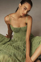 Women's Pleated Midi Dress Sleeveless with Bustier Bodice and A-Line Skirt - 5