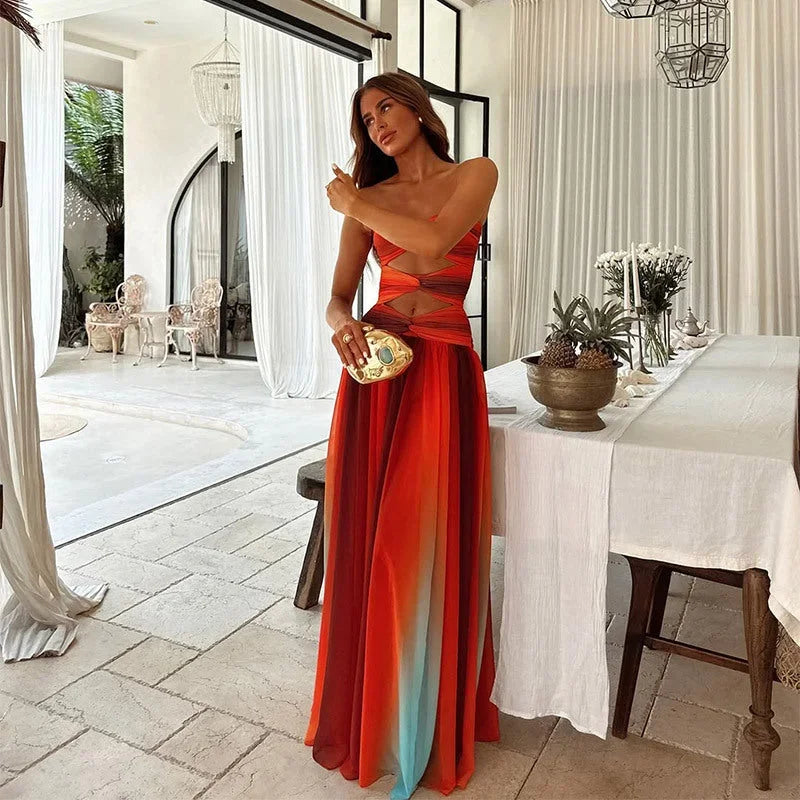 Women's Strapless Maxi Dress with Cutout Detail and Ombré Gradient - 3