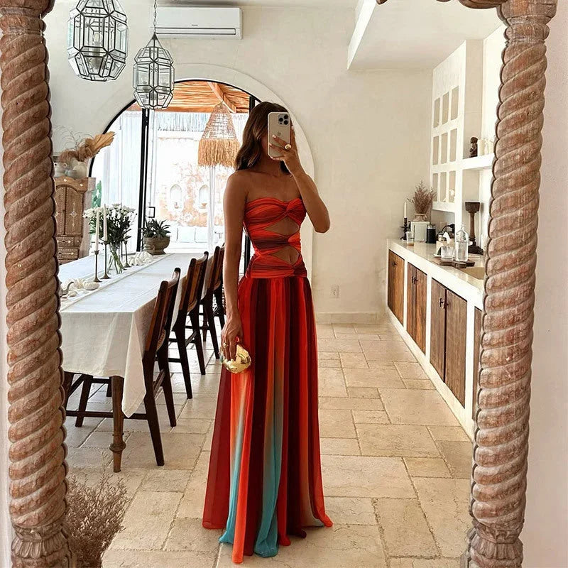 Women's Strapless Maxi Dress with Cutout Detail and Ombré Gradient - 5