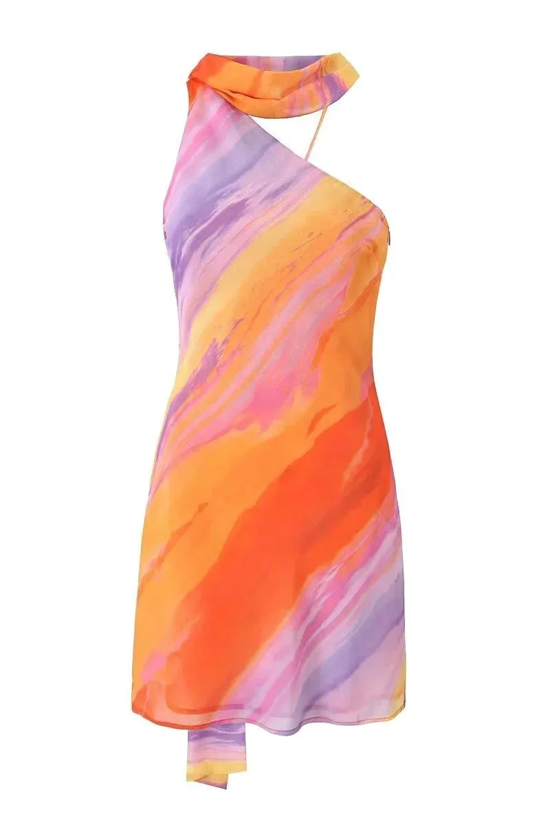 Women's Halter Mini Dress with Asymmetric Neckline and Ombre Print - 10