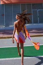 Women's Halter Mini Dress with Asymmetric Neckline and Ombre Print - 4